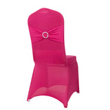 Fuchsia Spandex Banquet Chair Cover with Silver Rhinestone Buckled Sash Band, Stretched#whtbkgd