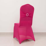 Fuchsia Spandex Banquet Chair Cover with Silver Rhinestone Buckled Sash Band, Stretched Fitted Slip