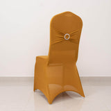 Gold Spandex Banquet Chair Cover with Silver Rhinestone Buckled Sash Band, Stretched Fitted Slip On