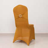 Gold Spandex Banquet Chair Cover with Silver Rhinestone Buckled Sash Band, Stretched Fitted Slip On