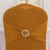 Gold Spandex Banquet Chair Cover with Silver Rhinestone Buckled Sash Band, Stretched Fitted Slip On