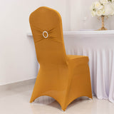 Gold Spandex Banquet Chair Cover with Silver Rhinestone Buckled Sash Band, Stretched Fitted Slip On