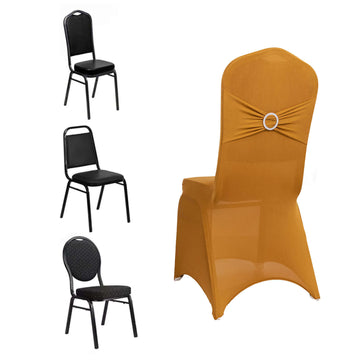 Spandex Chair Cover with Gold Rhinestone Buckled Sash Band Blush - Stylish Stretch Fitted Slipcover for Banquets & Events