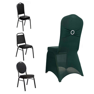 Hunter Emerald Green Spandex Banquet Chair Cover with Silver Rhinestone Buckled Sash Band, Stretched Fitted Slip On Chair Cover