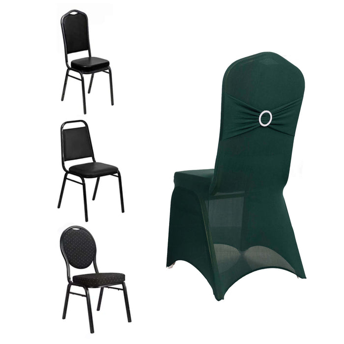 Hunter Emerald Green Spandex Banquet Chair Cover with Silver Rhinestone Buckled Sash Band, Stretched