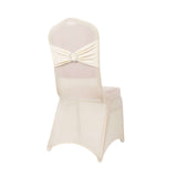 Ivory Spandex Banquet Chair Cover with Silver Rhinestone Buckled Sash Band, Stretched#whtbkgd