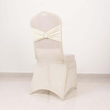 Ivory Spandex Banquet Chair Cover with Silver Rhinestone Buckled Sash Band, Stretched Fitted Slip On