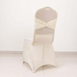 Ivory Spandex Banquet Chair Cover with Silver Rhinestone Buckled Sash Band, Stretched Fitted Slip On