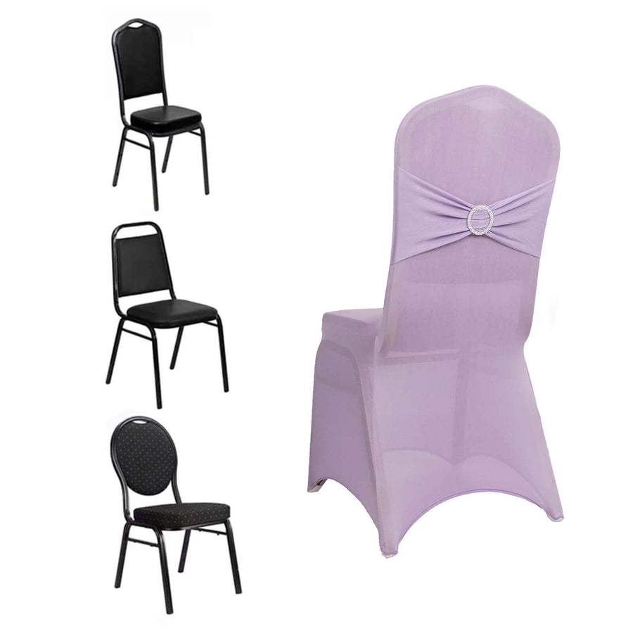 Lavender Lilac Spandex Banquet Chair Cover with Silver Rhinestone Buckled Sash Band, Stretched