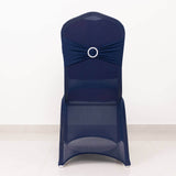 Navy Blue Spandex Banquet Chair Cover with Silver Rhinestone Buckled Sash Band, Stretched Fitted 