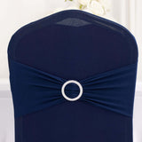 Navy Blue Spandex Banquet Chair Cover with Silver Rhinestone Buckled Sash Band, Stretched Fitted 