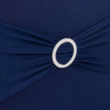 Navy Blue Spandex Banquet Chair Cover with Silver Rhinestone Buckled Sash Band, Stretched Fitted 