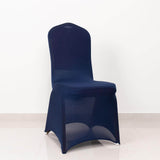 Navy Blue Spandex Banquet Chair Cover with Silver Rhinestone Buckled Sash Band, Stretched Fitted 