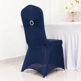 Navy Blue Spandex Banquet Chair Cover with Silver Rhinestone Buckled Sash Band, Stretched Fitted 