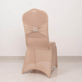 Nude Spandex Banquet Chair Cover with Silver Rhinestone Buckled Sash Band, Stretched Fitted Slip On