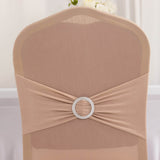 Nude Spandex Banquet Chair Cover with Silver Rhinestone Buckled Sash Band, Stretched Fitted Slip On