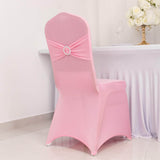 Pink Spandex Banquet Chair Cover with Silver Rhinestone Buckled Sash Band, Stretched Fitted Slip On