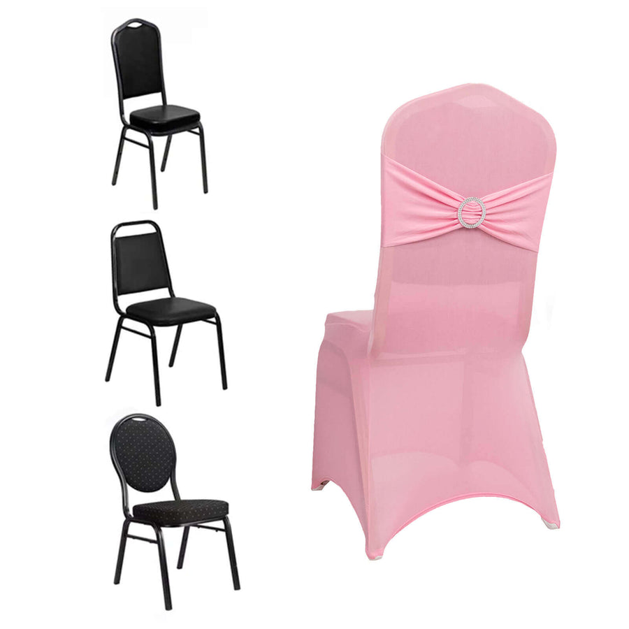 Pink Spandex Banquet Chair Cover with Silver Rhinestone Buckled Sash Band, Stretched Fitted Slip On