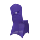 Purple Spandex Banquet Chair Cover with Silver Rhinestone Buckled Sash Band, Stretched#whtbkgd