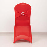 Red Spandex Banquet Chair Cover with Silver Rhinestone Buckled Sash Band, Stretched Fitted Slip On