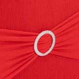 Red Spandex Banquet Chair Cover with Silver Rhinestone Buckled Sash Band, Stretched Fitted Slip On