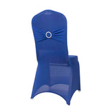 Royal Blue Spandex Banquet Chair Cover with Silver Rhinestone Buckled Sash Band, Stretched#whtbkgd