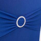 Royal Blue Spandex Banquet Chair Cover with Silver Rhinestone Buckled Sash Band, Stretched Fitted