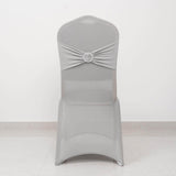 Silver Spandex Banquet Chair Cover with Rhinestone Buckled Sash Band, Stretched Fitted Slip On Chair