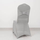 Silver Spandex Banquet Chair Cover with Rhinestone Buckled Sash Band, Stretched Fitted Slip On Chair