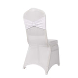 White Spandex Banquet Chair Cover with Silver Rhinestone Buckled Sash Band, Stretched#whtbkgd