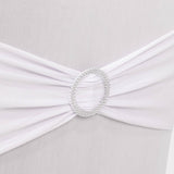 White Spandex Banquet Chair Cover with Silver Rhinestone Buckled Sash Band, Stretched Fitted Slip On