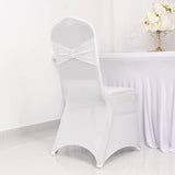 White Spandex Banquet Chair Cover with Silver Rhinestone Buckled Sash Band, Stretched Fitted Slip On