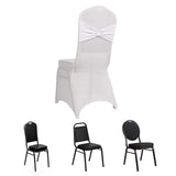 White Spandex Banquet Chair Cover with Silver Rhinestone Buckled Sash Band, Stretched Fitted Slip On