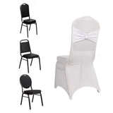 White Spandex Banquet Chair Cover with Silver Rhinestone Buckled Sash Band, Stretched Fitted Slip On