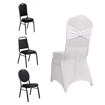 White Spandex Banquet Chair Cover with Silver Rhinestone Buckled Sash Band, Stretched Fitted Slip On Chair Cover