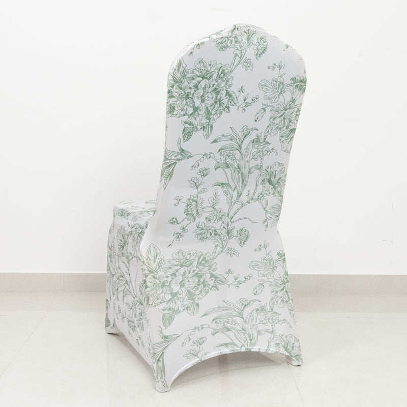 White chair cover with green floral pattern