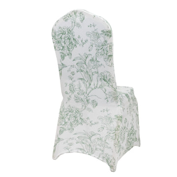 10 Pack Spandex Chair Covers for Banquet Chairs – White Dusty Sage Green French Toile Reusable Stretch Slip-On Floral Covers