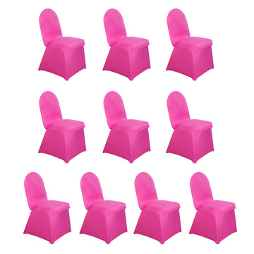 10 Pack Fuchsia Spandex Fitted Banquet Chair Covers, Reusable Stretched Slip On Chair Covers