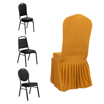 Gold Ruffle Pleated Skirt Banquet Spandex Chair Slipcover, 1-Piece Stretch Fitted Chair Cover