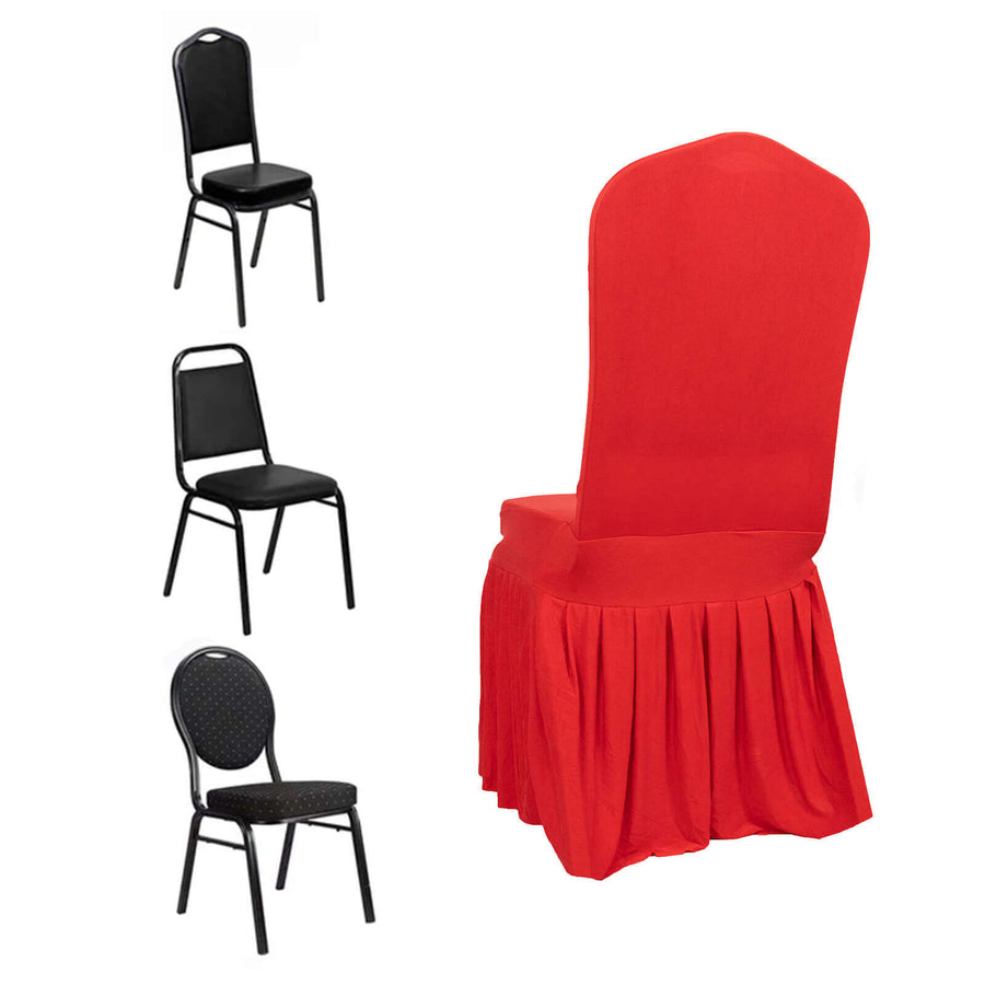 Red Ruffle Pleated Skirt Banquet Spandex Chair Slipcover, 1-Piece Stretch Fitted Chair Cover