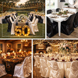 Elegant event setups with tables, flowers, and decorative lighting for a 50th celebration.