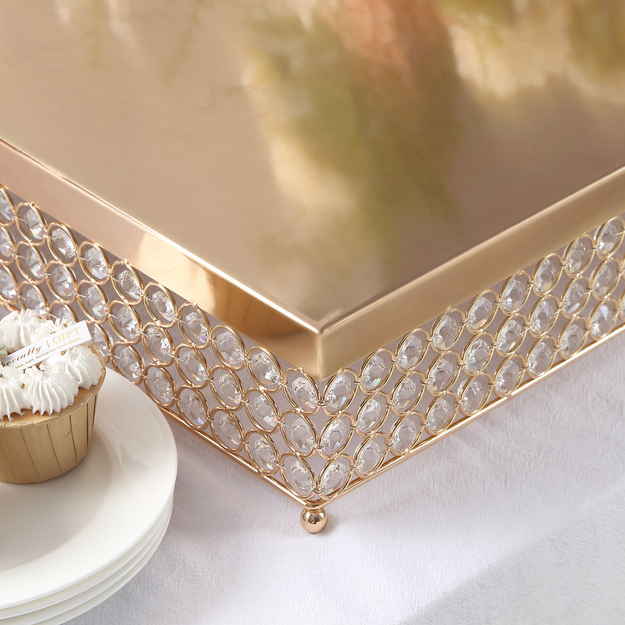 16inch Gold Square Crystal Beaded Metal Cake Stand, Dessert Pedestal