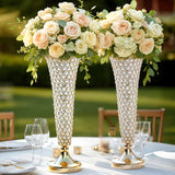 2 Pack | 22inch Tall Gold Crystal Beaded Metal Trumpet Vase Centerpieces