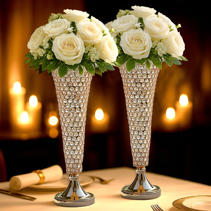 2 Pack | 22inch Tall Gold Crystal Beaded Metal Trumpet Vase Centerpieces