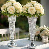 2 Pack | 22inch Tall Silver Crystal Beaded Metal Trumpet Vase Centerpieces