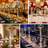 Elegant wedding table settings with floral arrangements and candles in a glamorous venue.