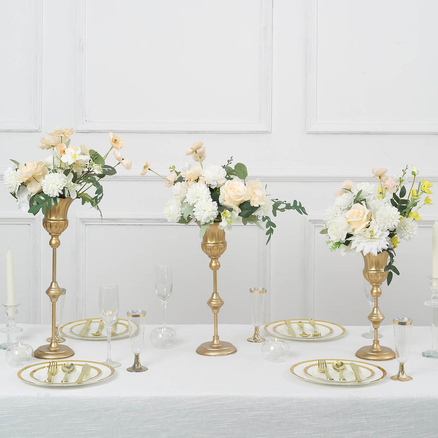 Set of 3 | Metallic Gold Vintage Style Flute Table Vases, Trumpet Flower Centerpiece Stands