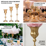 Metallic gold trumpet flower stands for versatile floral styling and elegant decor.