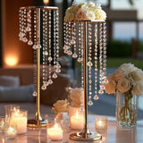 24inch Gold Metal Flower Stand Wedding Centerpiece Acrylic Beaded Chains, Crystal Flower Pedestal