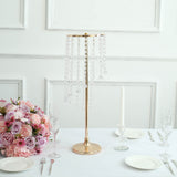 24inch Gold Metal Flower Stand Wedding Centerpiece Acrylic Beaded Chains, Crystal Flower Pedestal